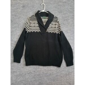 Lauren Ralph Lauren 1X Black & White Cotton Shawl Collar Knit Sweater